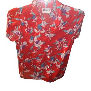 Vintage Floral Red Button Up Blouse Top
